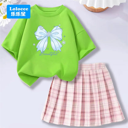 Girls’ T-Shirt & Plaid Skirt Set – 2 Piece Outfit