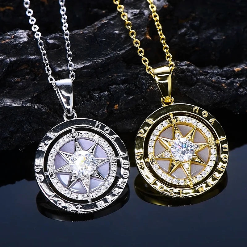 Women’s Sterling Silver Compass Necklace – 6.5mm Cubic Zirconia Pendant