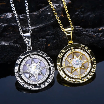Women’s Sterling Silver Compass Necklace – 6.5mm Cubic Zirconia Pendant