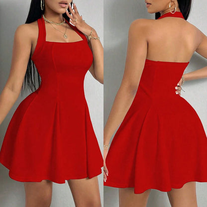 Women’s & Teens Square Neck Pleated Mini Dress – Halter A-Line