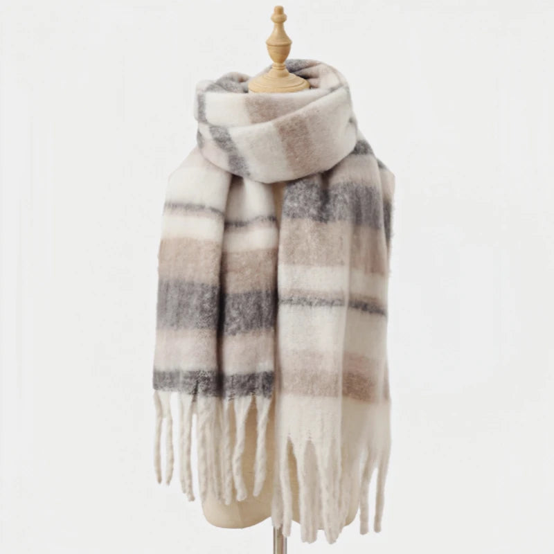 Women’s Plaid Cashmere-Feel Scarf – Thick, Tassel-Edge, Winter Wrap