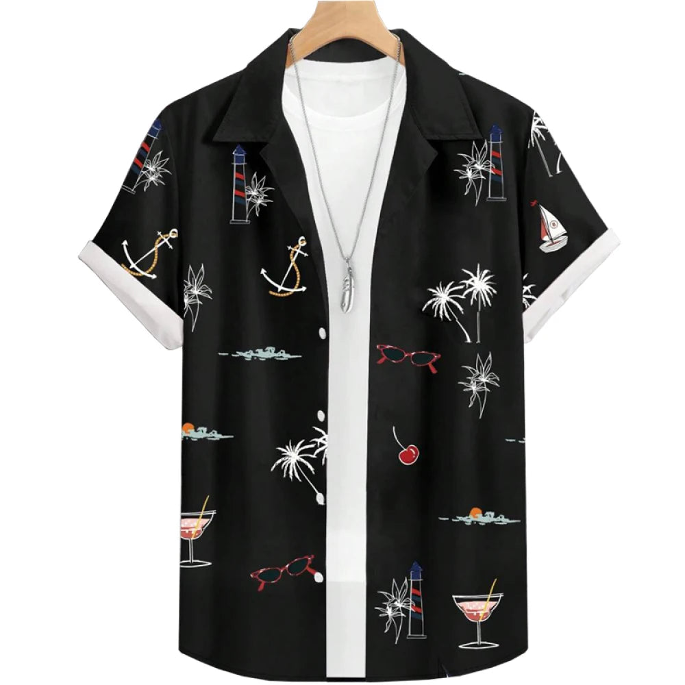 Men’s Palm Tree Print Button-Down Shirt – Short Sleeve Beach & Cruise Casual