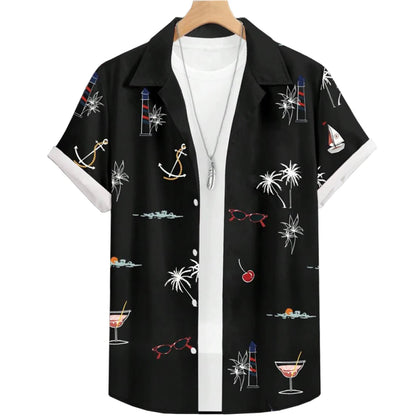 Men’s Palm Tree Print Button-Down Shirt – Short Sleeve Beach & Cruise Casual