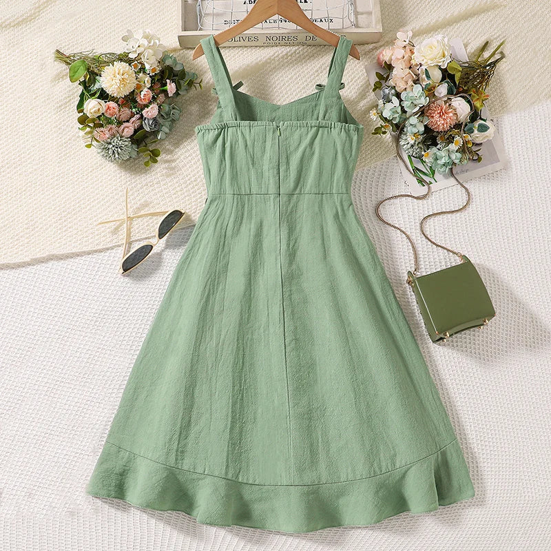 Girls’ Bow-Detail Summer Dress – Sleeveless, Asymmetrical Hem