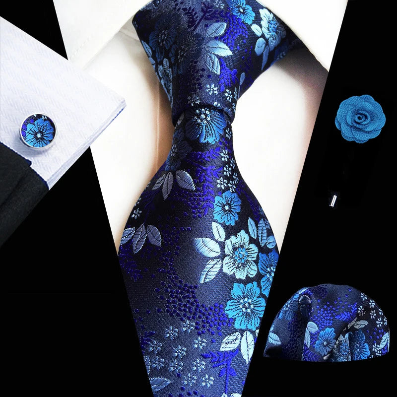 Men’s Floral Necktie Set – Tie, Pocket Square & Cufflinks