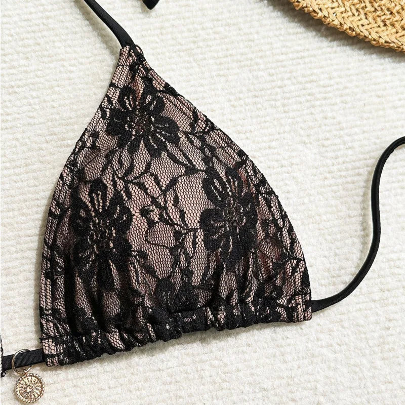 Women’s Lace Triangle Bikini Set with Cover-Up – 3 Piece