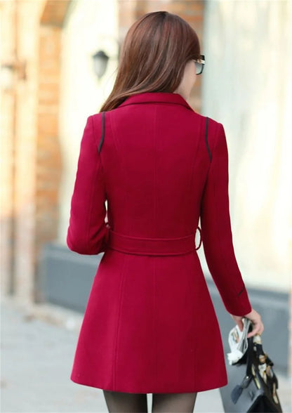 Women’s Wool-Blend Double-Breasted Coat – Classic Long Peacoat