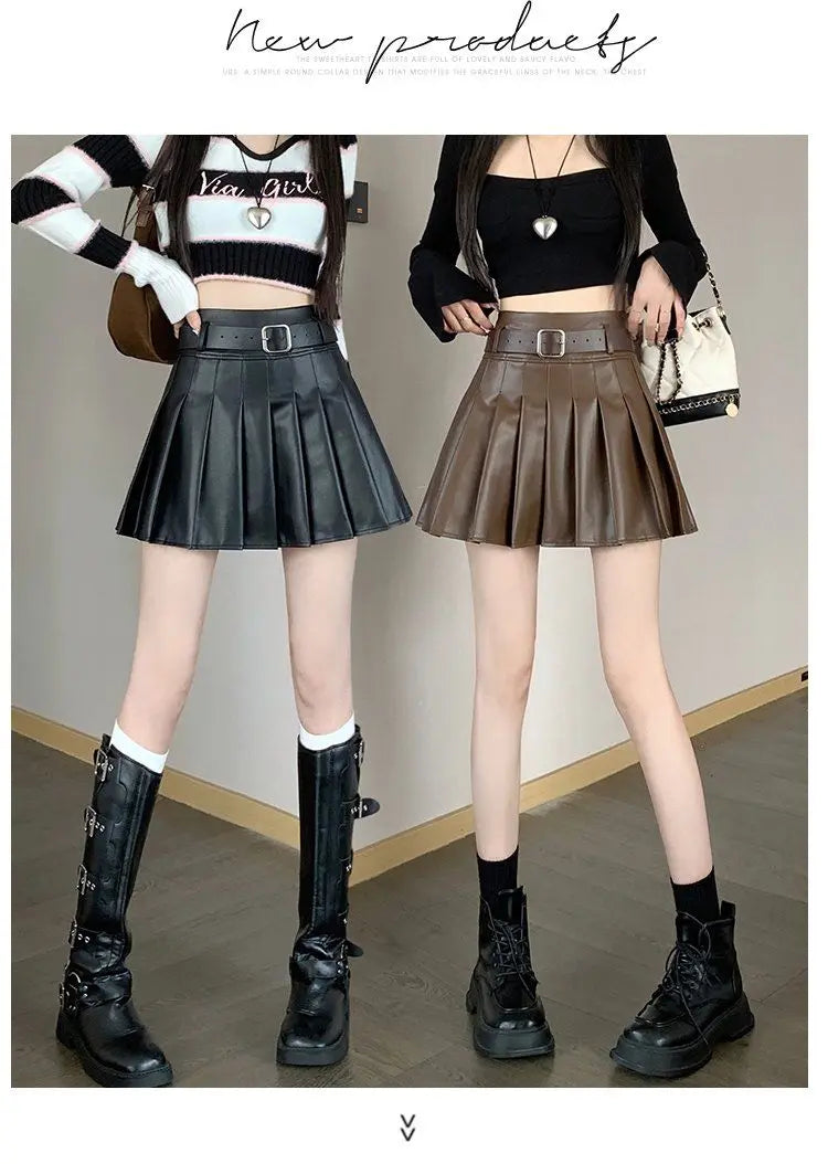 Women’s Pleated PU Mini Skirt with Belt – High-Waist, A-Line