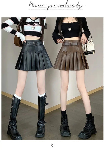 Women’s Pleated PU Mini Skirt with Belt – High-Waist, A-Line