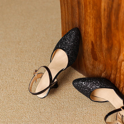Women's Glitter Closed-Toe Kitten Heels with Ankle Strap