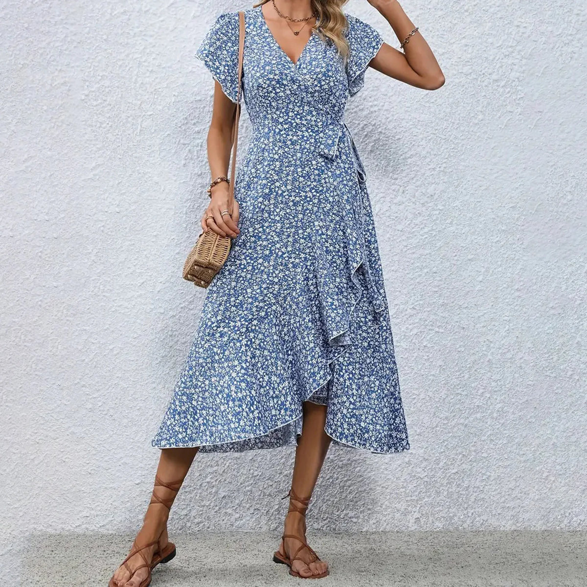 Printed Wrap-Style Tie-Side Vacation Dress