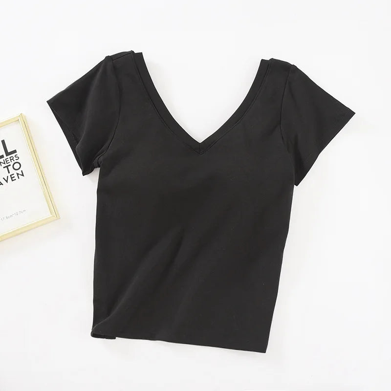 Women's & Teens Cotton Short-Sleeve Padded V-Neck Top