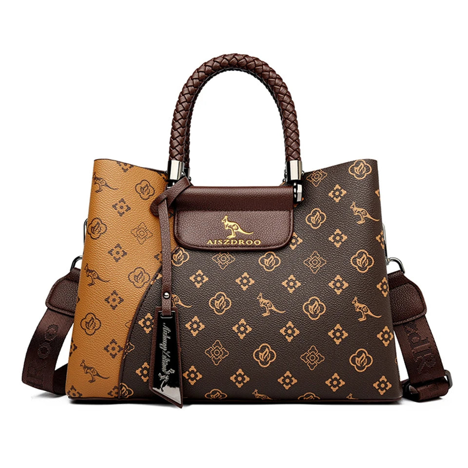 Elegant Pattern Tote – Kangaroo Brown Shoulder Handbag with Braided Handle