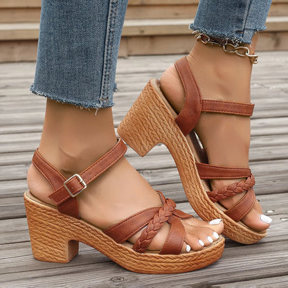 Platform Heeled Sandals – Buckle Strap, Open Toe