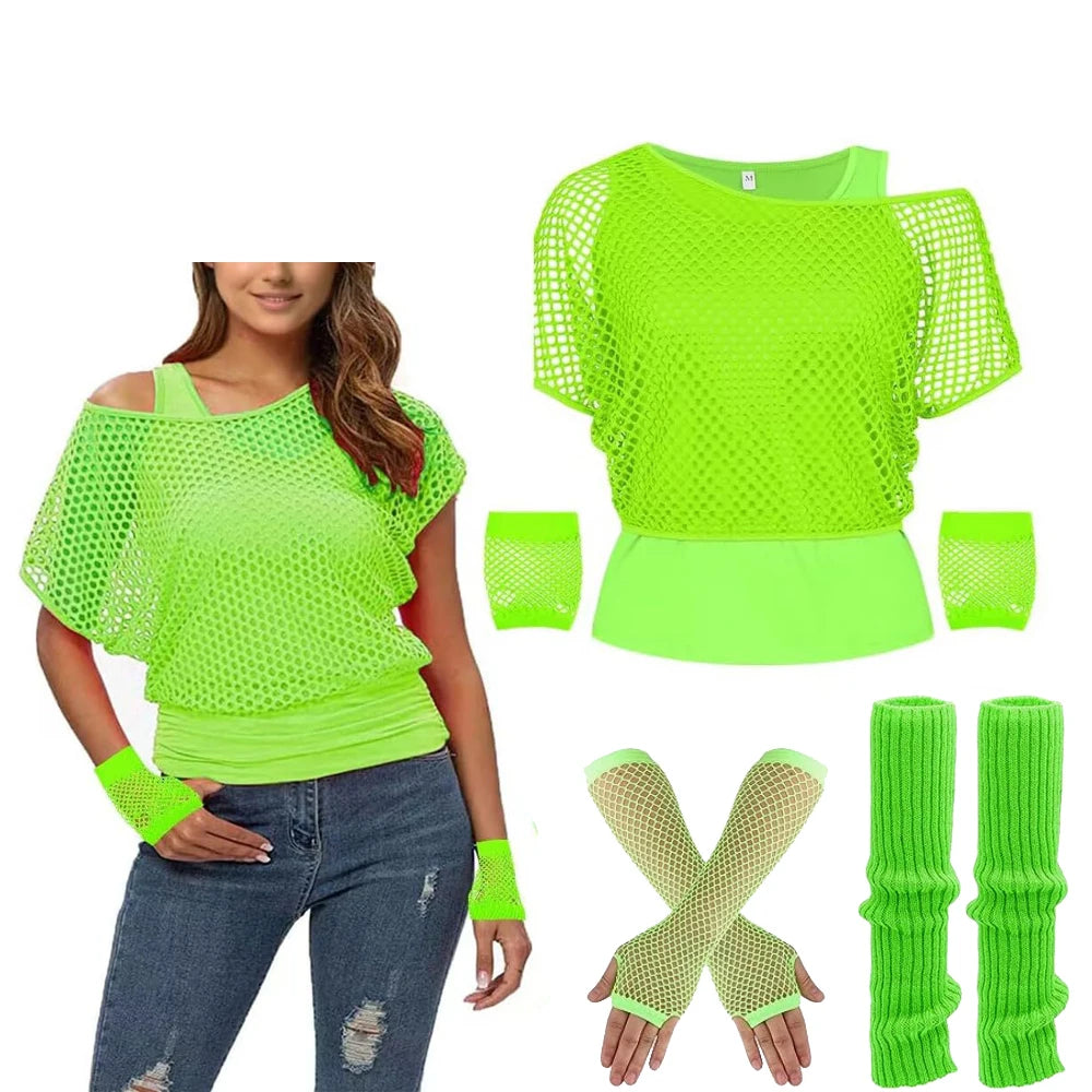 Women’s 80s Neon Mesh Top and Gloves Set – Retro Party Costume – Violet Purple Set – M