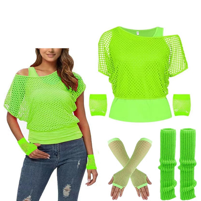 Women’s 80s Neon Mesh Top and Gloves Set – Retro Party Costume – Violet Purple Set – M
