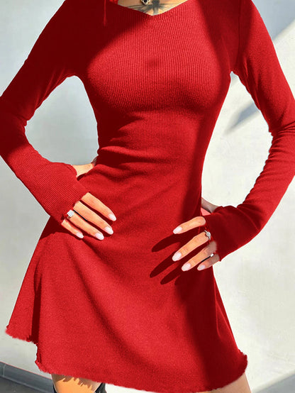 Women’s Lace-Up Back Mini Dress – Long Sleeve, Ribbed Knit, Flared Hem