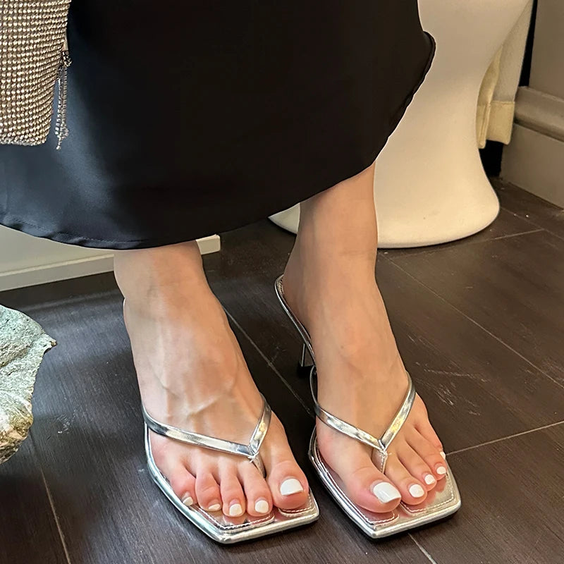 Women’s Strappy Heeled Flip Flop Sandals – Square Toe Slip-On Heels