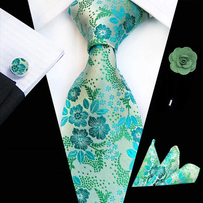 Men’s Floral Necktie Set – Tie, Pocket Square & Cufflinks