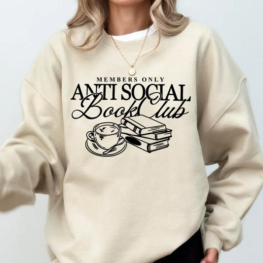 Women's "anti Social Book Club" Sweatshirt – Cozy Reader Crewneck Pullover – Khaki – L
