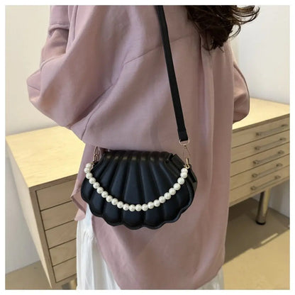 Shell-Shaped Crossbody Bag – Pearl Trim, Compact Chic