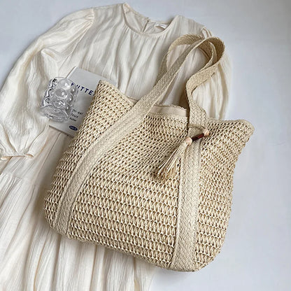 Women’s Woven Vacation Tote Bag – Lightweight Straw Beach Bag with Zipper