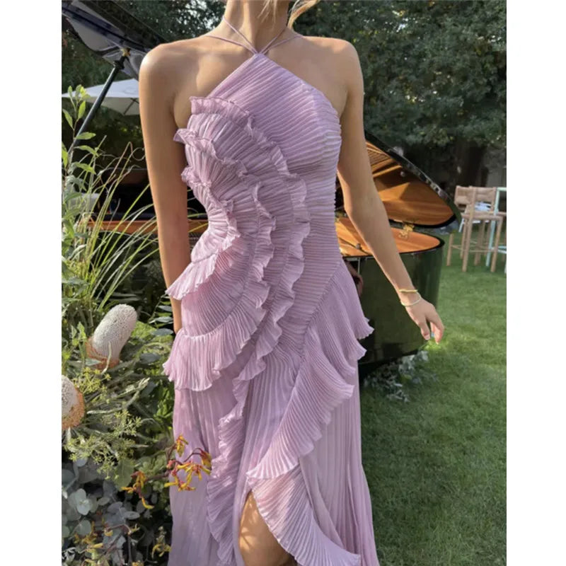 Ruffle Halter A-Line Maxi Dress