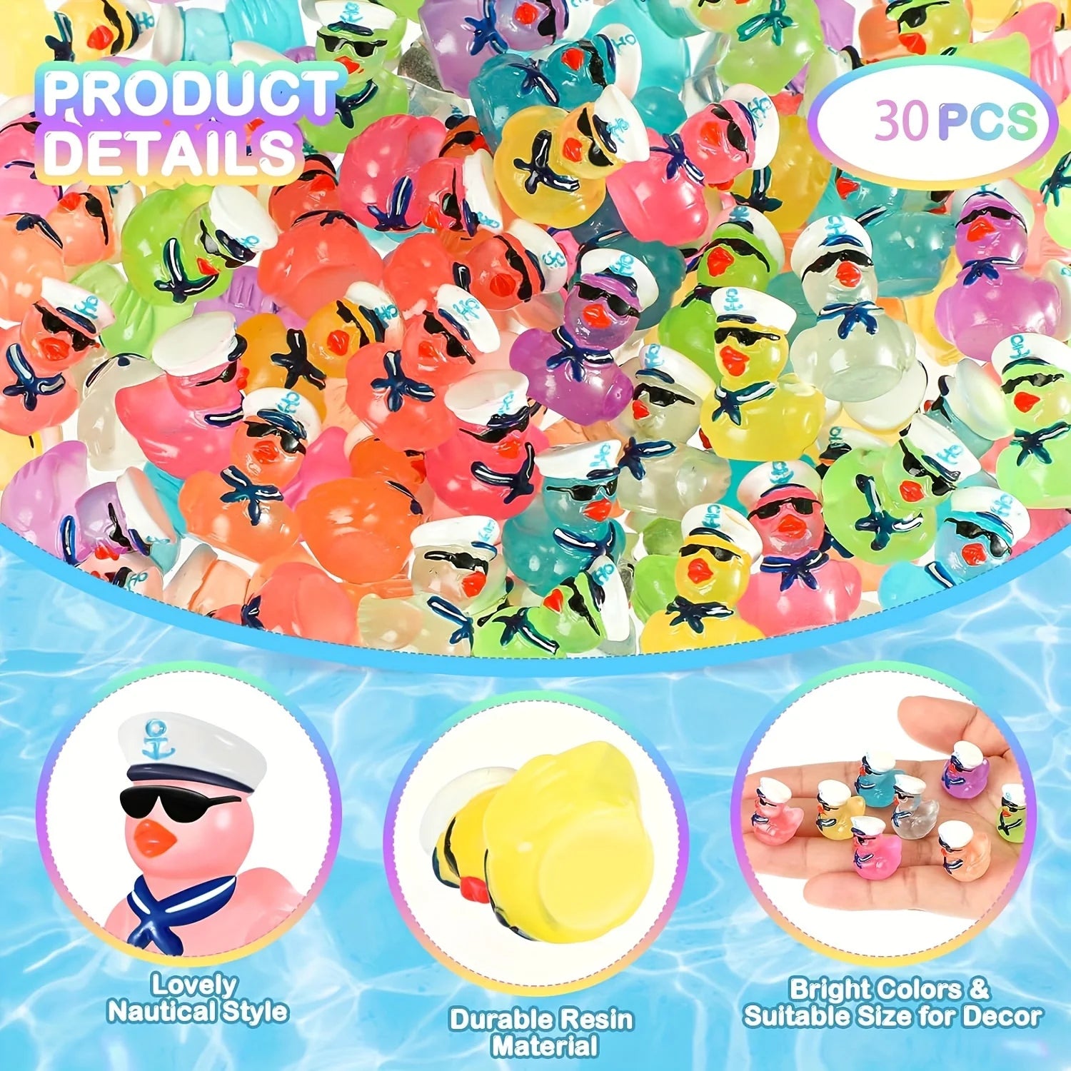 Multicolored Mini Resin Cruise Duck with Sunglasses, Glow in the Dark Tiny Colorful Sailor Resin Duck Random Colors