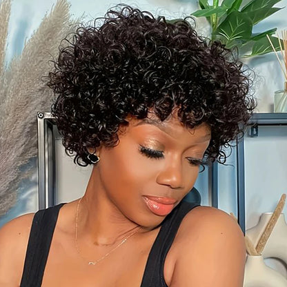 Short Curly Human Hair Wig with Bangs – Natural Brown Pixie Style