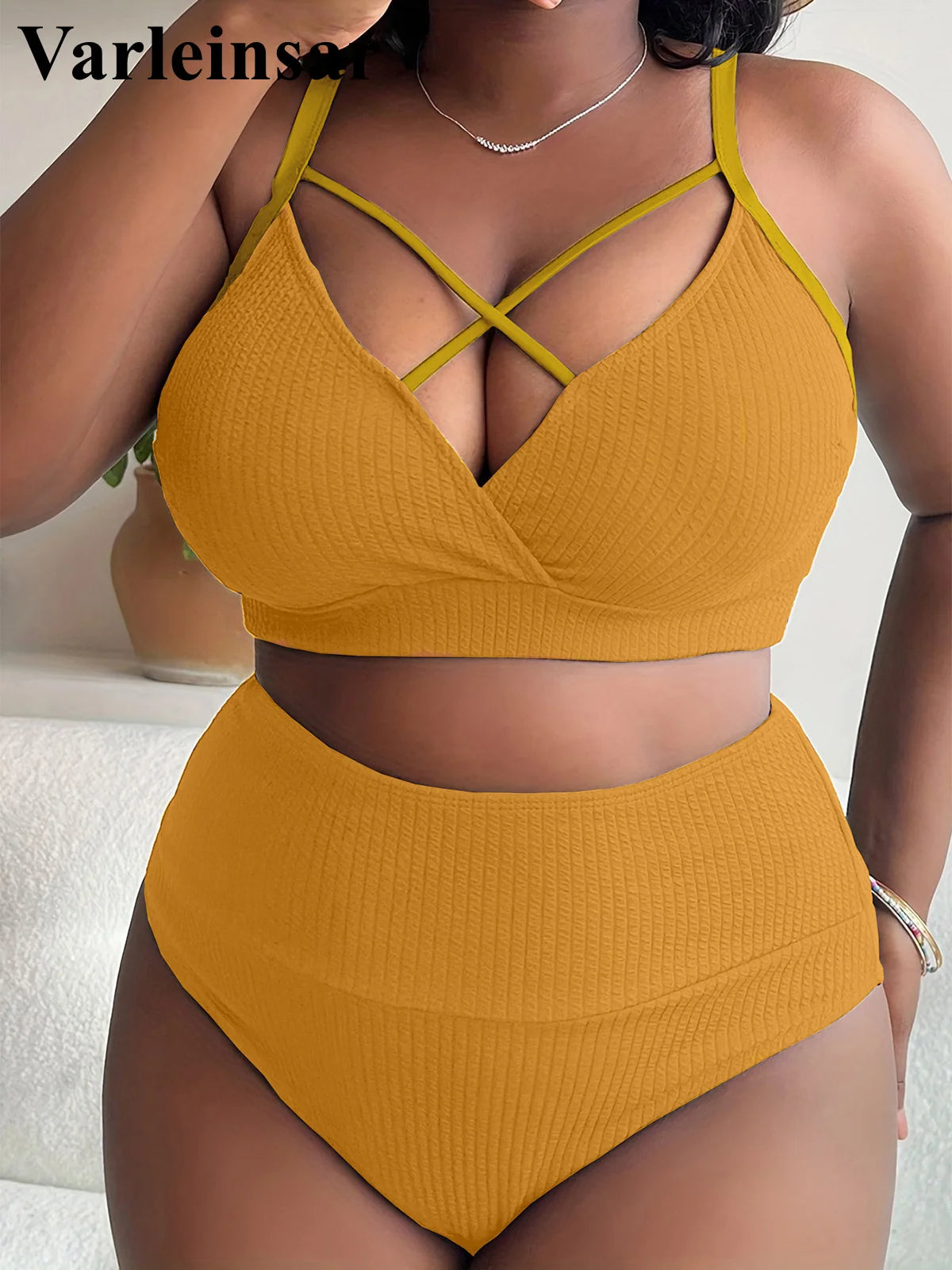 Women’s Plus Size Ribbed Bikini Set – High Waist, Crisscross Top