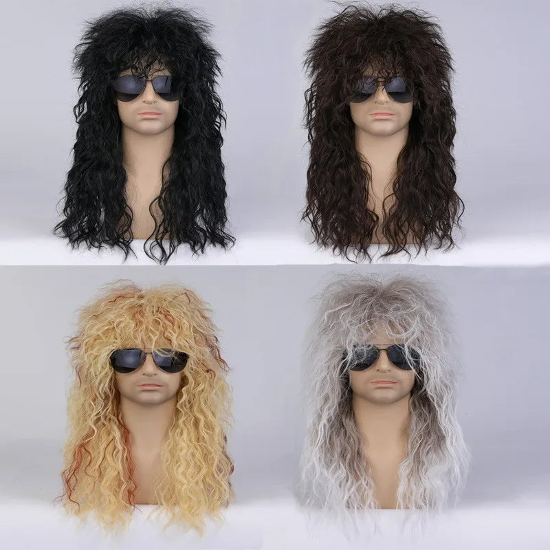 Four wigs in different colors on mannequin heads with sunglasses against a white background.