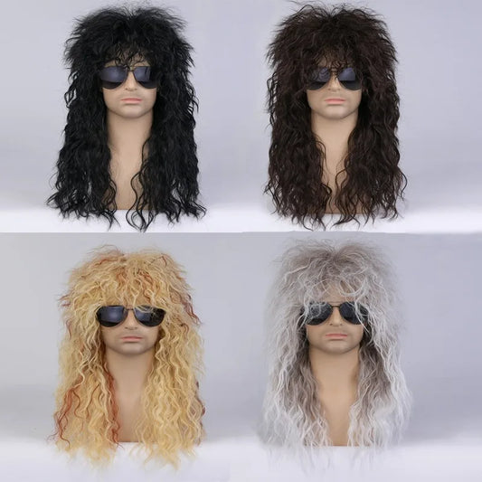 Four wigs in different colors on mannequin heads with sunglasses against a white background.