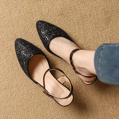 Women's Glitter Closed-Toe Kitten Heels with Ankle Strap