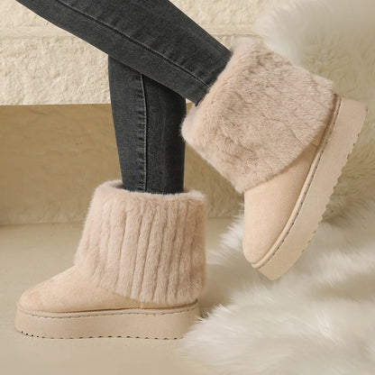 Women’s Faux Fur Slip – on Winter Boots – Warm Plush Mid – Heel Comfort – Off White – 41