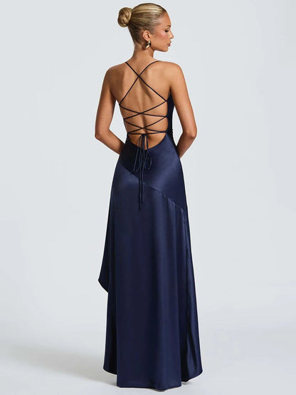 Women’s Satin Spaghetti Strap Maxi Dress – Ruffle Thigh Split, Backless