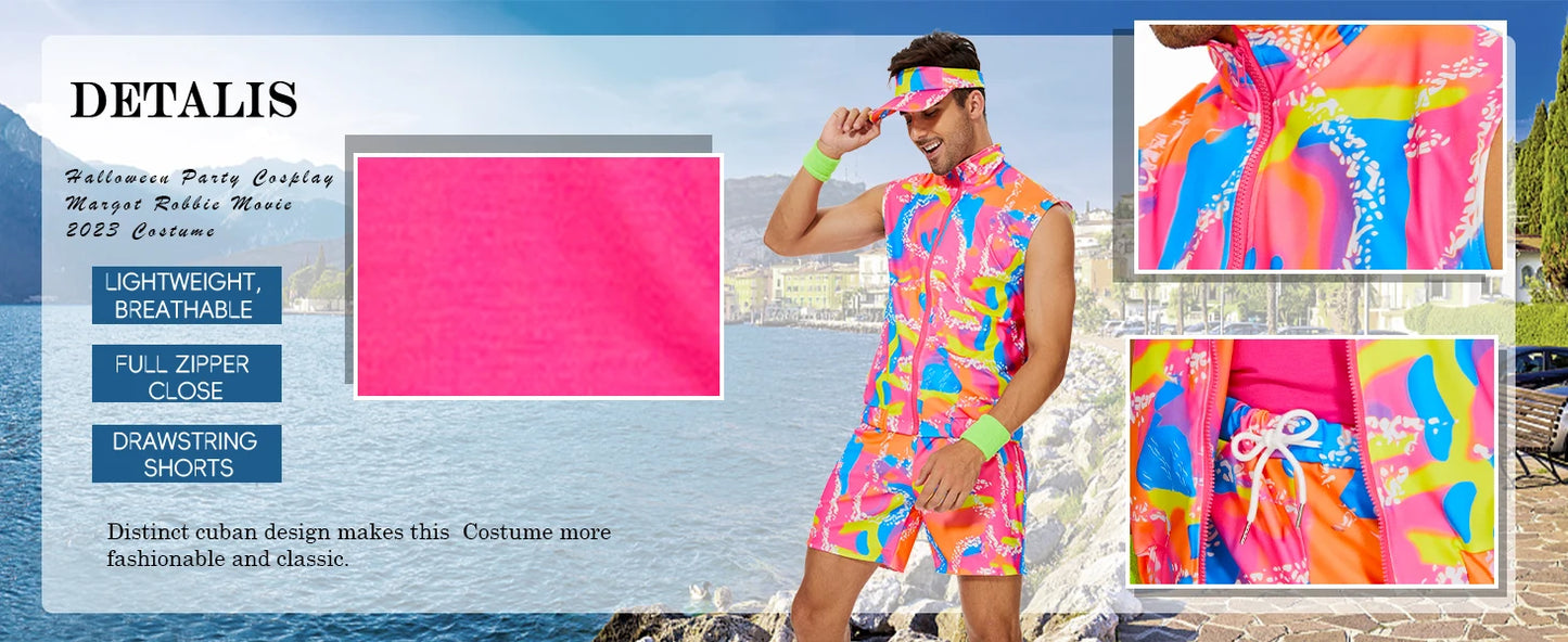Men’s 80s Cruise Outfit Set – Neon Print Shirt & Shorts
