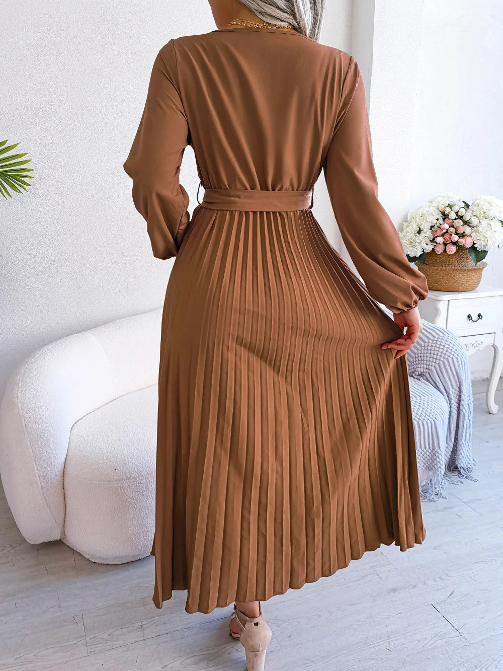 Women’s Pleated V-Neck Maxi Dress – Long Sleeve, Belted Waist