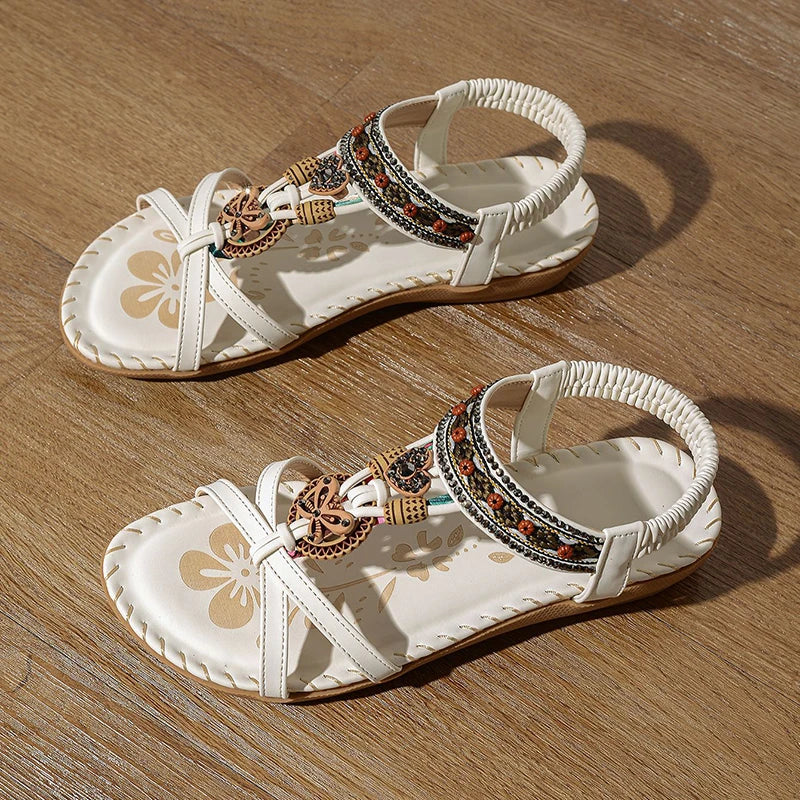 Women’s Boho Beaded Strap Sandals – Casual Summer Walking Shoes