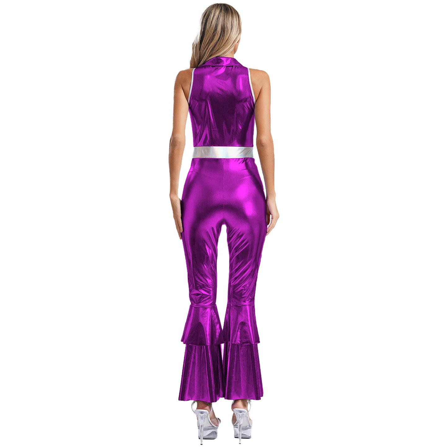 Women’s 70s Metallic Disco Jumpsuit – Sleeveless High – Waist Flared Costume – Green – L