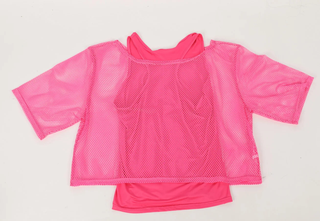 Women’s 80s Neon Mesh Top and Gloves Set – Retro Party Costume – Neon Green Set – M