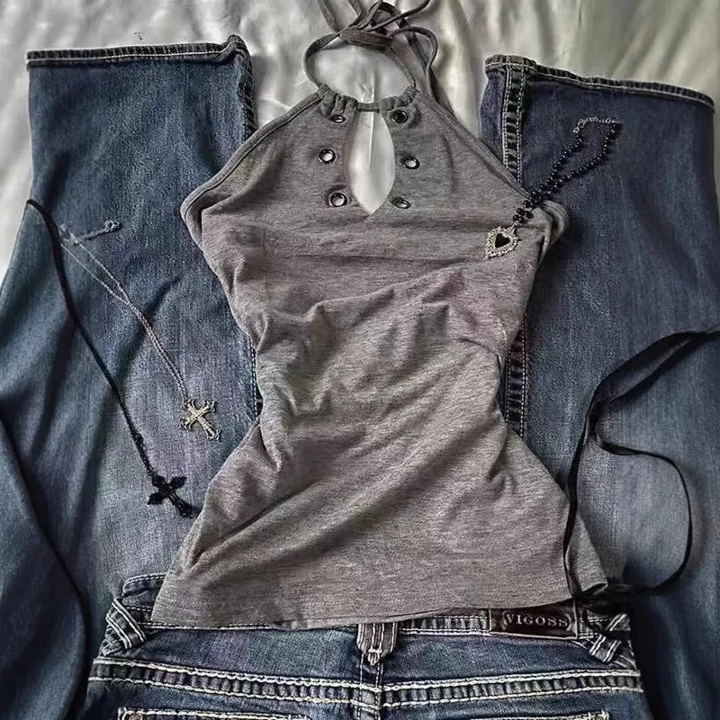 Gray Y2K ring-halter cami styled with baggy jeans and grommet belt