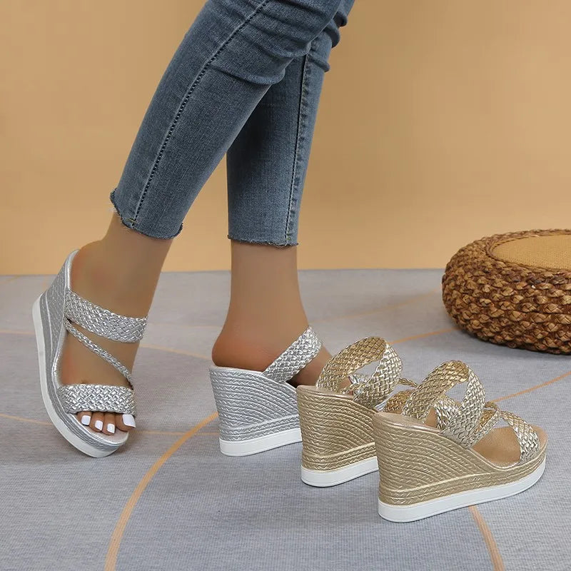 Women’s Braided Wedge Sandals – Slip – on Platform Summer Heels – Silver – 41
