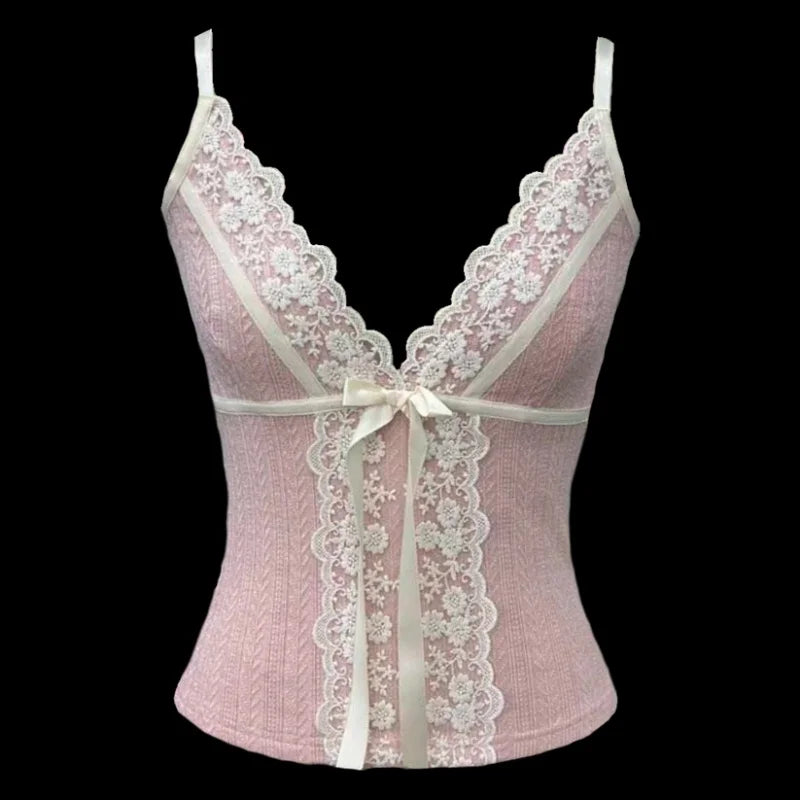 Women’s Lace Trim Bow Tank Top – Coquette Y2K Spaghetti Strap Cami