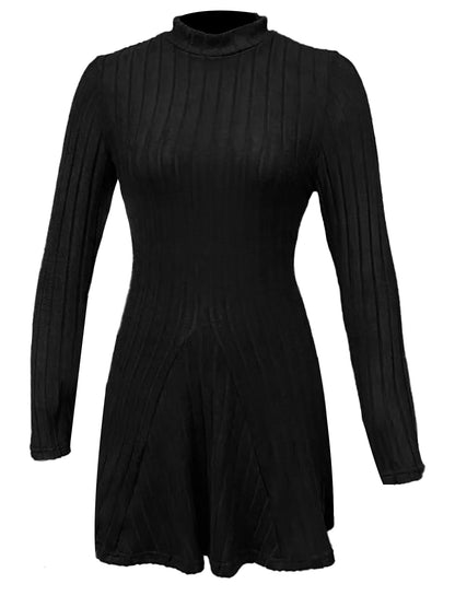 Women’s Ribbed A-Line Knit Mini Dress – Long Sleeve, Mock Neck, Slim Fit