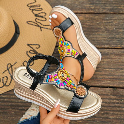 Women’s Boho Platform Wedge Sandals – Beaded Summer Comfort Shoes