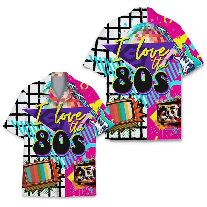 Men’s Retro Geometric Print Button-Up Shirt – 80s Theme Night
