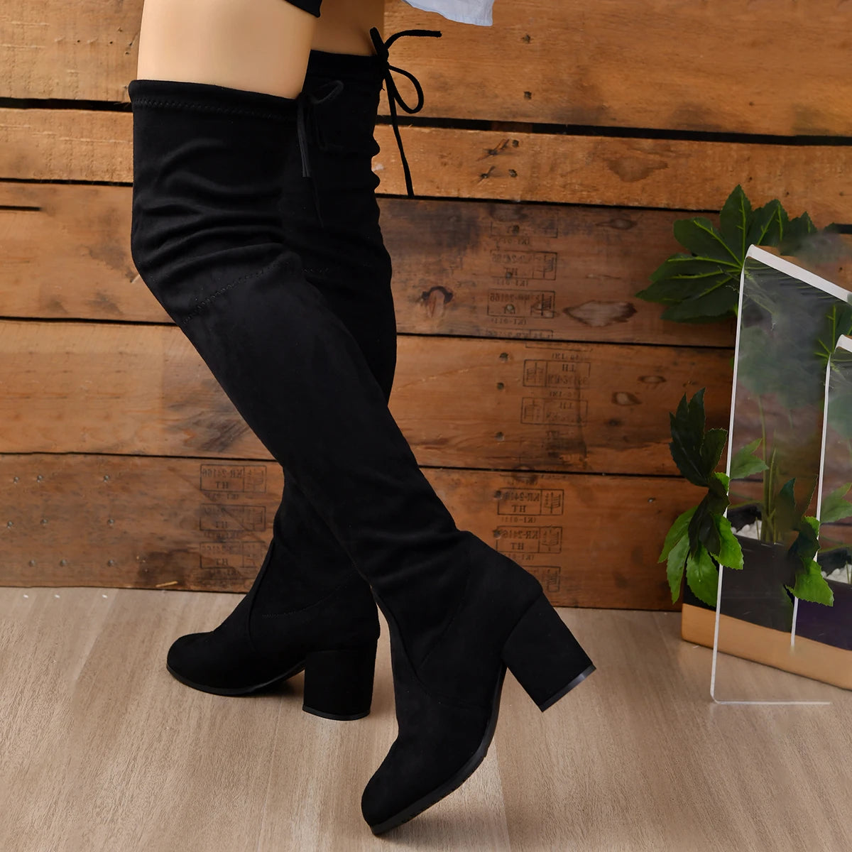 Women’s Over-the-Knee Boots – Black Faux Suede, Square Heel