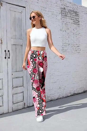 Women’s 70s Floral Bell Bottom Pants – High – Waist Flare Trousers – Orange-daisy – M