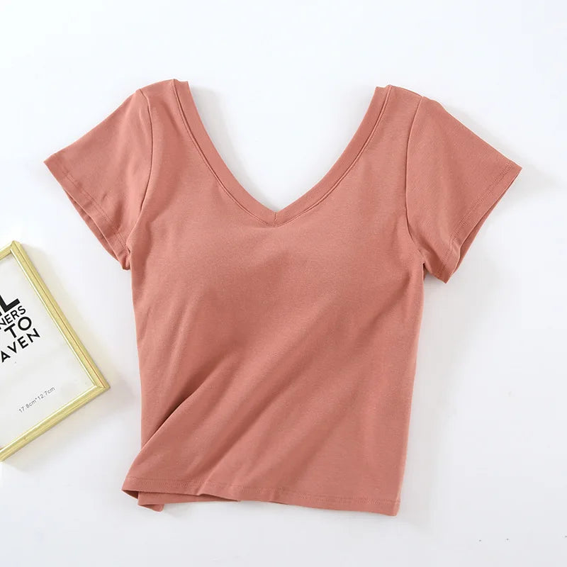 Women's & Teens Cotton Short-Sleeve Padded V-Neck Top