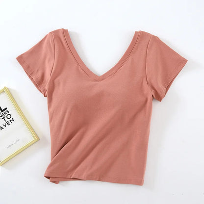 Women's & Teens Cotton Short-Sleeve Padded V-Neck Top